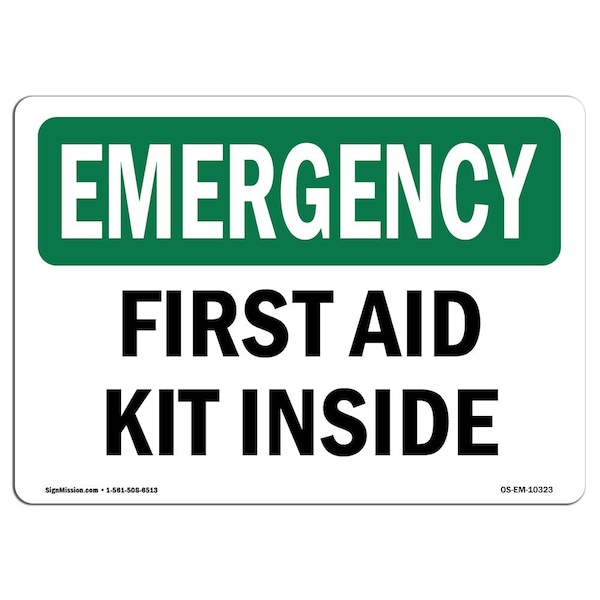 Safety Sign, OSHA EMERGENCY, 7" Height, Aluminum, First Aid Kit Inside, Landscape, EM-L-10323